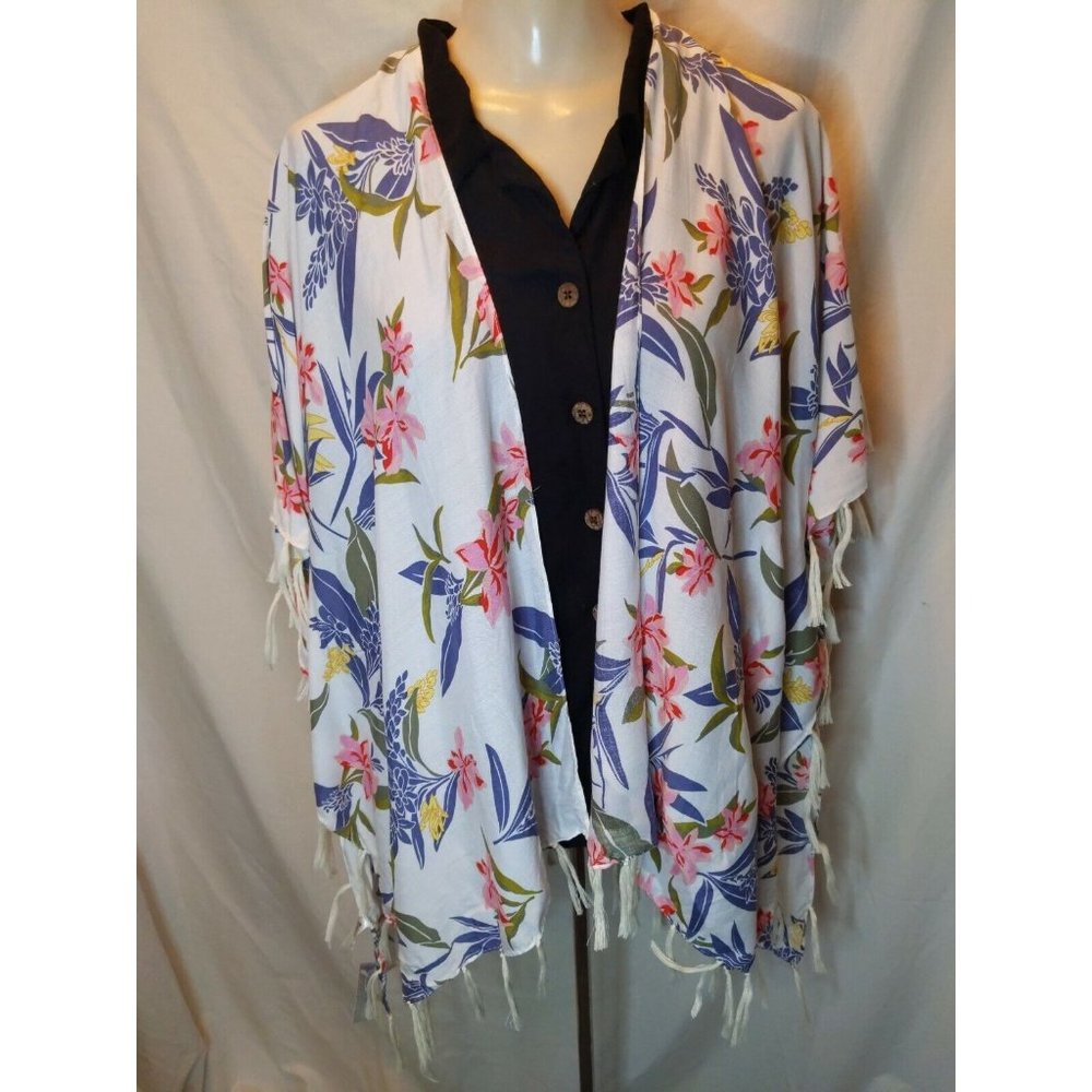 Tropical print Boho Short Kimono style coverup, Fringe, thin, unlined. Size L